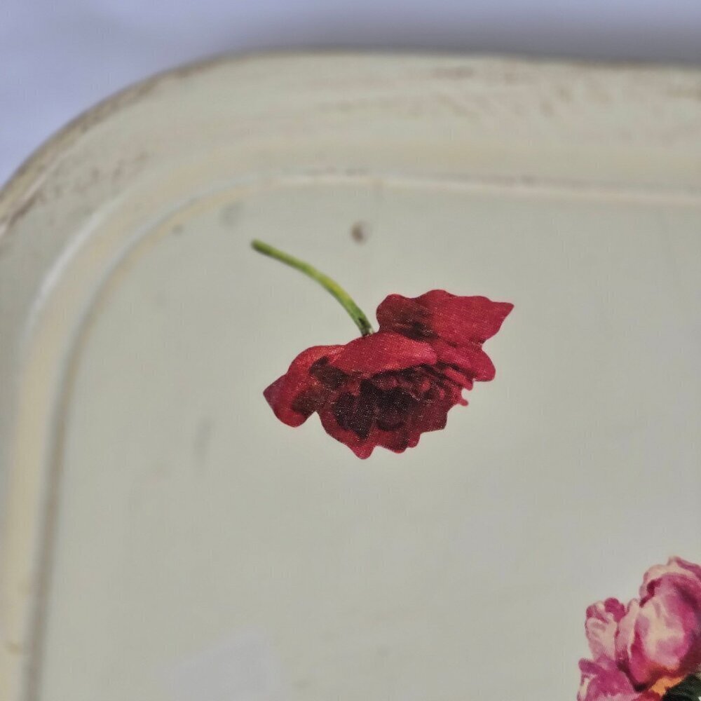 Lightweight Rectangular Tray with Rose Pattern Integrated Handles Distressed - Picture 3 of 8